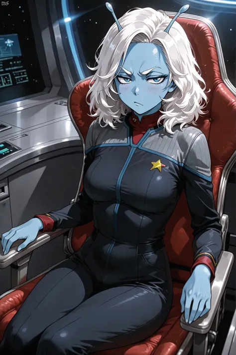 Masterpiece, highly detailed, beautiful woman, character, Star Trek (Andorian female), female Andorian, short Andorian antennae,_medium_breasts_, white eyebrows, thin eyebrows, tsurime eyes, annoyed, white hair, medium hair, wavy messy hair, blue skin, ds9...