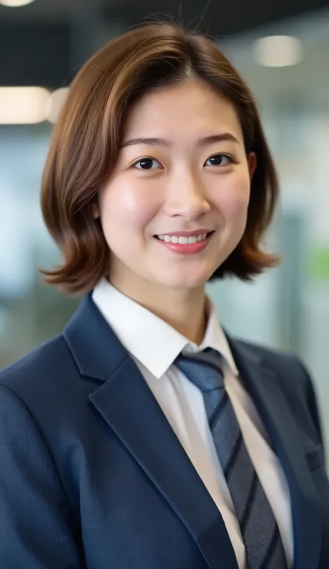 Neat Young Woman、looking at the camera、office lady suit、jacket、shirt、necktie、 髪型ボブヘア、、耳にピアス、smile showing teeth、顔のクローズアップ、The background is office
