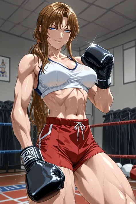 1girl, solo, mature woman, milf, RodionLimbus, long hair, brown hair, blue eyes medium breasts, muscular, thicc thighs, thick legs, light smirk, alternate costume, boxing gloves, sports bra, red shorts, (gym theme, gym background), gleaming, shiny, shiny s...