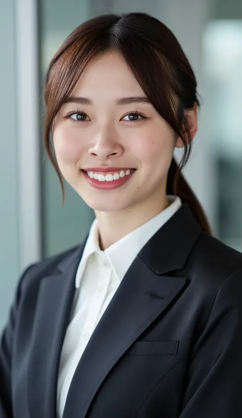 Neat Young Woman、looking at the camera、office lady suit、jacket、shirt、 pale brown hair、前髪あり、、smile showing teeth、顔のクローズアップ、The background is office
