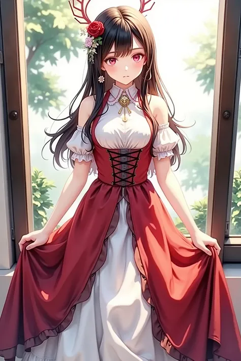 anime girl in a red dress standing in front of a window, in a steampunk dress with attention to detail, Beautiful Anime Woman in Stenpunk, cute anime bride is wearing a nice dress, splash art anime loli with a halo above her head, Intricate and Decorative ...