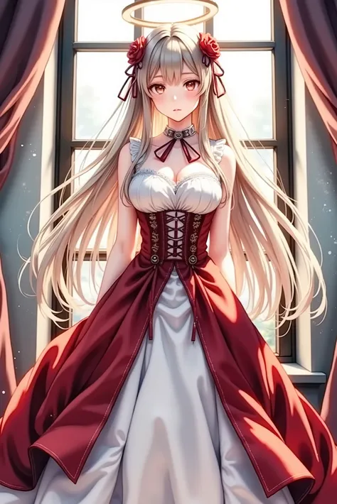 anime girl in a red dress standing in front of a window, in a steampunk dress with attention to detail, Beautiful Anime Woman in Stenpunk, cute anime bride is wearing a nice dress, splash art anime loli with a halo above her head, Intricate and Decorative ...