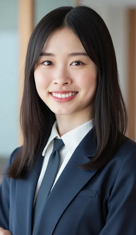 Neat Young Woman、looking at the camera、office lady suit、jacket、shirt、 、髪型ボブヘア、前髪あり、、smile showing teeth、顔のクローズアップ、The background is office