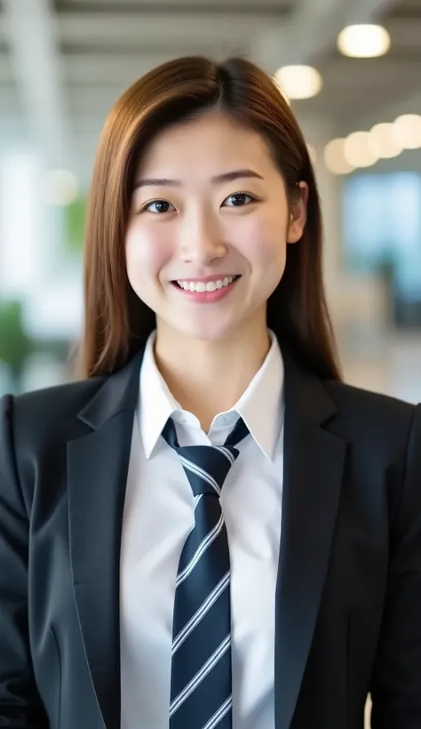 Neat Young Woman、looking at the camera、office lady suit、jacket、shirt、necktie、 髪型ボブヘア、、耳にピアス、smile showing teeth、顔のクローズアップ、The background is office
