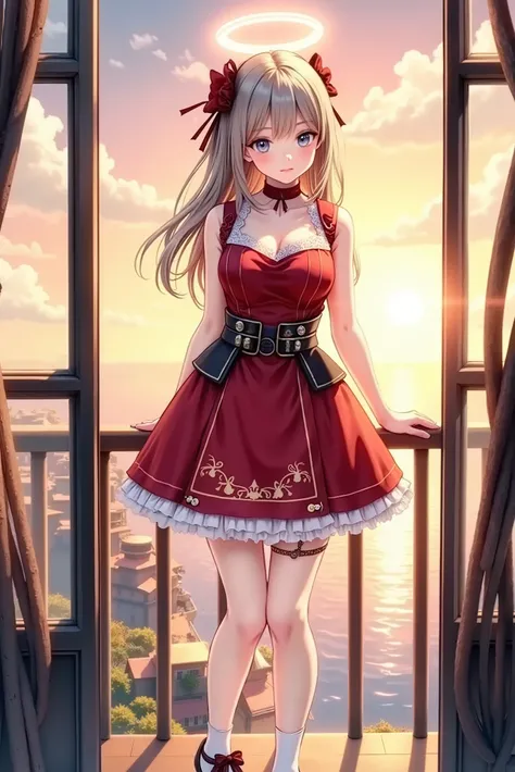 Anime girl in a red mini dress standing in front of a window on the balcony, in a steampunk dress with attention to detail, Beautiful Anime Woman in Stenpunk, cute anime girl wearing a nice dress, splash art anime loli with a halo above her head, Intricate...