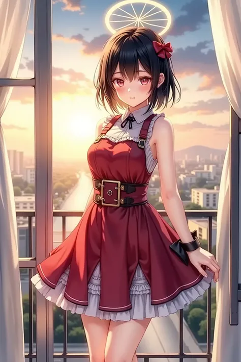 Anime girl in a red mini dress standing in front of a window on the balcony, in a steampunk dress with attention to detail, Beautiful Anime Woman in Stenpunk, cute anime girl wearing a nice dress, splash art anime loli with a halo above her head, Intricate...