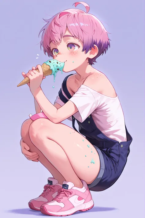 masterpiece, best quality, amazing quality, male, males only, male focus, solo, 1boy, (Daichi Ryouta, 12-year-old boy, pinkish lilac gradient eyes, pink hair with purple highlights, very short hair, ahoge, fair skin, freckles, many freckles on the body, th...