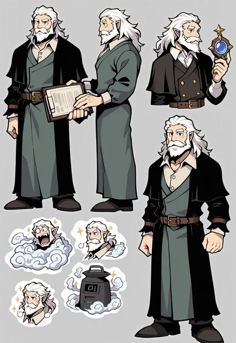Experienced character reference sheet adoptable for office wizards bestiary, masterpiece , modern day alternate universe, no background, full body, multiple views , best quality , masterpiece , character sheet , dungeon & dragons , visual novel , featured ...
