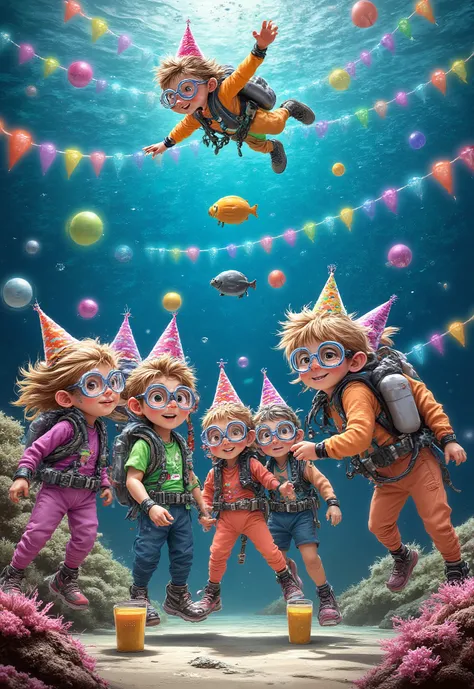 masterpiece, best quality, very aesthetic, absurdres, underwater, (party:1.2), 6+boys, 6+girls, diving suit, diving mask, diving regulator, scuba gear, scuba tank, seafloor, air bubble, tropical fish, coral, sea turtle, party hat, party popper, alcohol, ba...