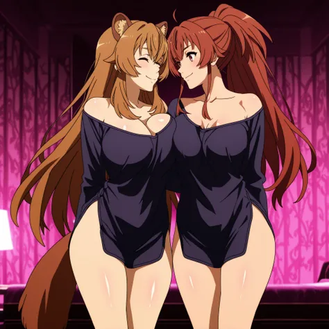 two women . 1° Raphtalia de cabello naranjo claro 2°Eris Greyrat from Mushoku Tensei. With red hair and eyes , curvy figure and large breasts, they wear a sexy and revealing sleeping shirt in matching black.  both are standing face to face imitating smilin...