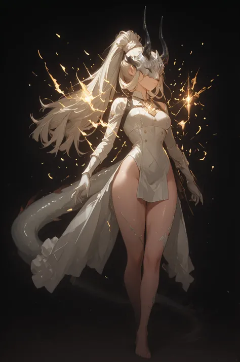 Alone, 1 girl, white energy hair, hairstyle like Reed the Flame Shadow from Arknights, tied in a long ponytail, eyes covered by a silver mask with the same design as the Ice Queen's mask from Return of the Frozen Player, perfect, student, young character, ...