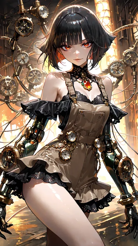 (((masterpiece))), (((Highest Quality))), (((Super Detailed))), Fighting Action Pose, 1 woman, (((very very slender body))), 18 years old, ((( short dark-haired bob for Japanese women , Thick and fluffy bangs ))), No cosmetics, Small, thin nose, Small Thi...