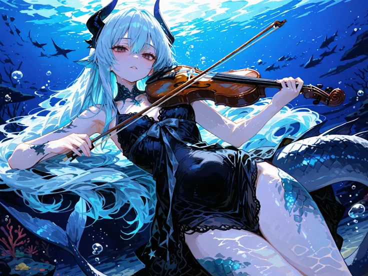 masterpiece、Highest Quality、Little Mermaid in bubbles、long, fluffy hair、light reflecting scales、 a sharp, dorsal fin like a dragon、2 sharp horns on the head、twinkling reflective scales、 sharp, beautiful fins eXtend、Large, stretch underwater、Has a transpare...