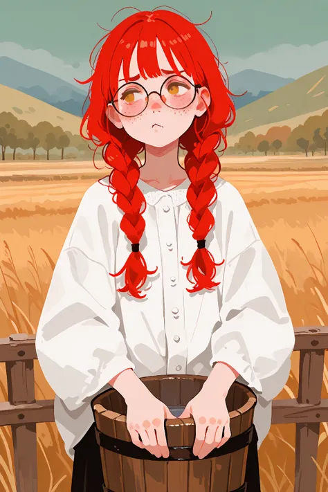 haiz_ai,no lineart,no outline, flat art, 1girl, flat color, red hair, long hair, twin braid hair, messy hair,realistic,Pouting mouth, blush, round glasses,freckles,cowboy shot, country background,She is holding a wooden bucket in both hands.