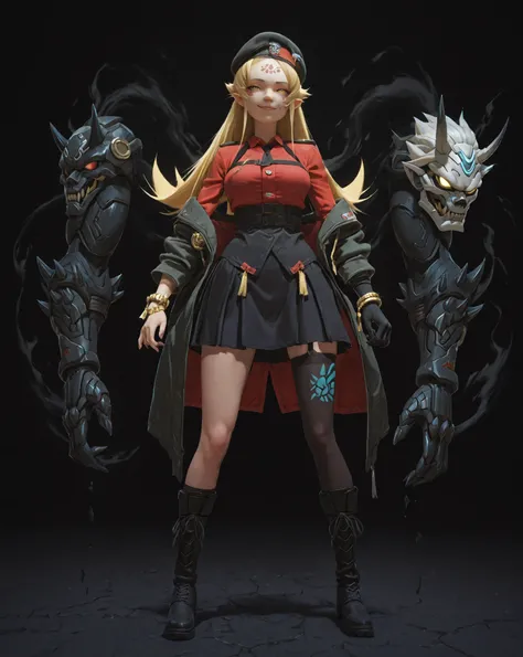 A single character, a character with the height of Oshino Shinobu from Monogatari Series, with medium breasts, a large butt, wide hips, and a small waist. Long blond hair with spiky, curved ends like Oshino Shinobu's from Monogatari Series. A provocative s...