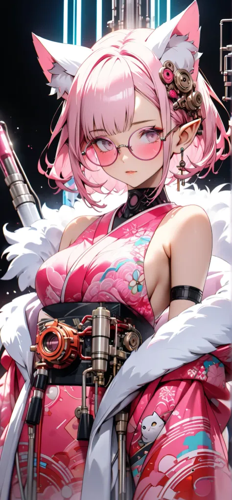 ether machine girl、Fluffy white fur grows from behind the ears Ears {x} pink similar to blood vessels connected to the neck and back Tube {x} intricate illustrations in an imaginative cyberpunk art style, Translucent white short hair (black cat ears) Styli...