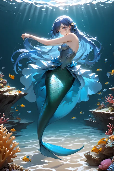 ((Top Quality)), ((Excellent)), (Details), masterpiece, best quality, UHD, ((Best quality, 8k, Masterpiece:1.3)), Sharp focus A beautiful woman with perfect body, Highly detailed face and skin texture, The ocean floor. A dancing mermaid. Her lower body is ...