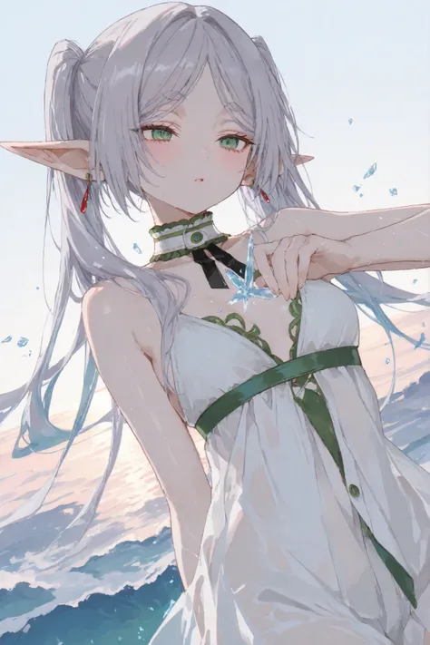 (masterpiece), (portrait), small breasts (aesthetics), ((1 womanhood, Freeze, 14age)), (pointed ears, Elf,), ((gray hair with twin tails, )), narrow, open eyes, green eyes, cute, womanhood, Woman, beautiful, womanhood Features, top, high quality, fashiona...