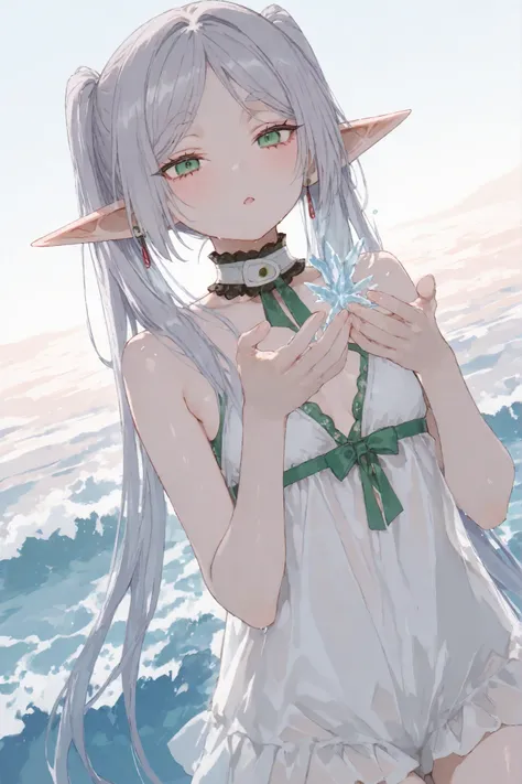 (masterpiece), (portrait), small breasts (aesthetics), ((1 womanhood, Freeze, 14age)), (pointed ears, Elf,), ((gray hair with twin tails, )), narrow, open eyes, green eyes, cute, womanhood, Woman, beautiful, womanhood Features, top, high quality, fashiona...