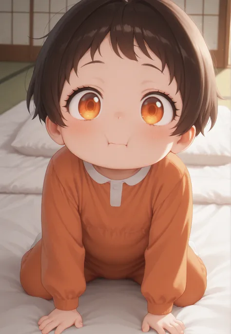 masterpiece, better quality, newest, safe, good anatomy, good resolution, good lighting. beautiful, anime, , adorable. Little girl, Dark Brown Hair and Short Hair. Intense orange eyes. black eyelashes, piel clara, plump cheeks. Adorable 6-8 month old baby...