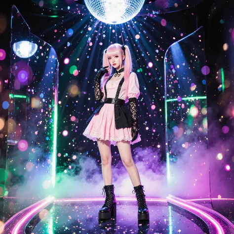 A stylish young woman in "jirai-kei" Japanese fashion, with pastel pink and black contrast clothing, frilled skirt, lace gloves, platform shoes, and a soft yet mysterious expression. She stands in the middle of a dark nightclub interior, surrounded by vibr...