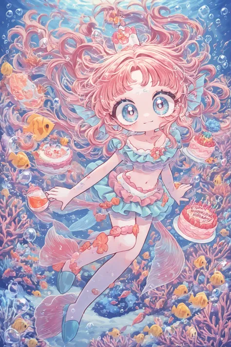 (edanoma_meu_illu,) 4 Mermaids, fish tails, ear fins. Birthday party, cake,party, tea. Underwater, coral reef, rare tropical fish and exotic marine corals. Air bubbles.