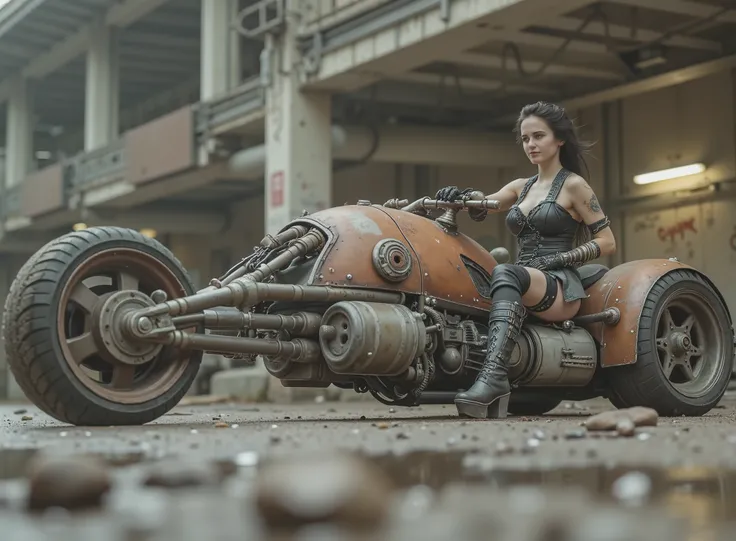 The image shows a desolate scene with a seated woman, tilted and taking the handlebars to adapt to speed on a uniquely designed motorcycle that embodies a steampunk or post-apocalyptic aesthetic. The motorcycle is sturdy, has only 2 sturdy all-terrain whee...
