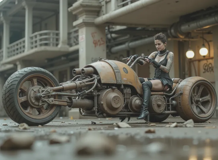 The image shows a desolate scene with a seated woman, tilted and taking the handlebars to adapt to speed on a uniquely designed motorcycle that embodies a steampunk or post-apocalyptic aesthetic. The motorcycle is sturdy, has only 2 sturdy all-terrain whee...