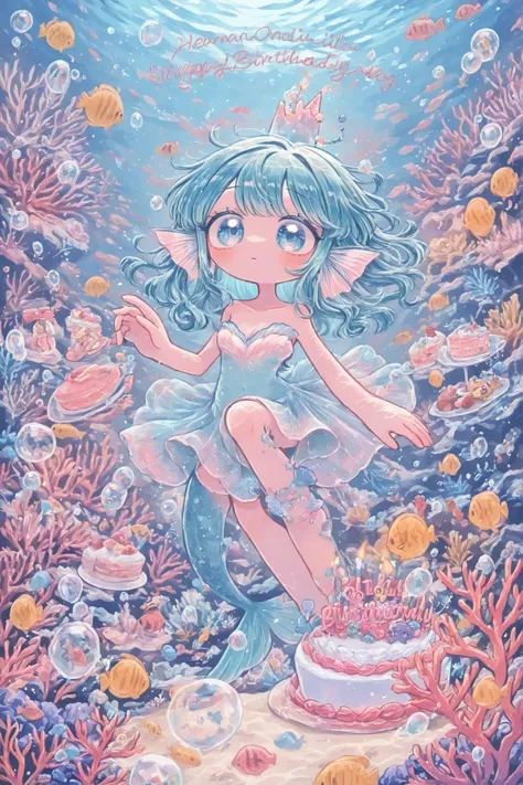 (edanoma_meu_illu,) 4 Mermaids, fish tails, ear fins. Birthday party, cake,party, tea. Underwater, coral reef, rare tropical fish and exotic marine corals. Air bubbles.