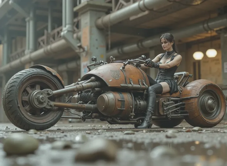 The image shows a desolate scenario with a woman, tilted and taking the handlebars to adapt to speed on a uniquely designed motorcycle that embodies a steampunk or post-apocalyptic aesthetic. The motorcycle is sturdy, has only 2 sturdy all-terrain wheels, ...