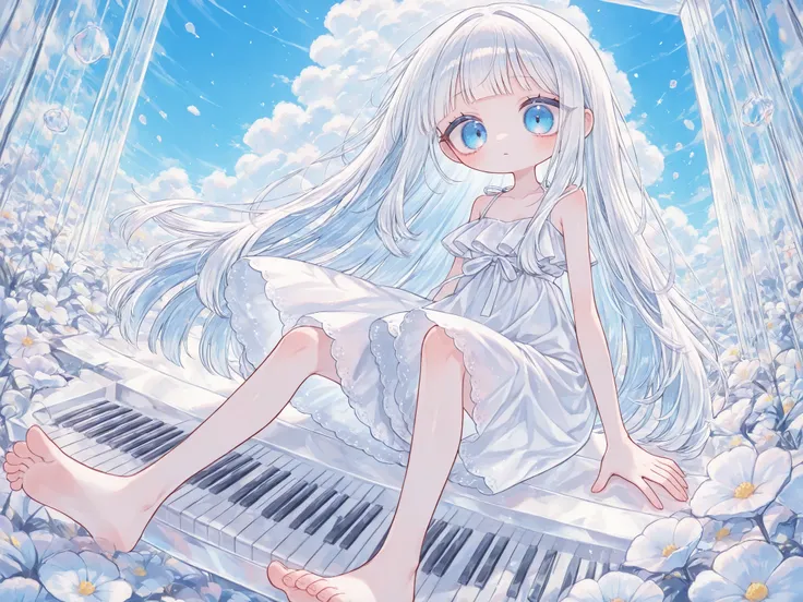 (edanoma_meu_illu,) Albino: She has straight white hair without bangs. She has blue eyes. She is wearing a white lace summer dress with white ribbons at the waist. She walks barefoot and plays on a transparent glass piano. in the background: a sunny day, b...