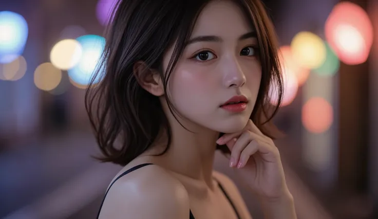 8k,super high resolution , Highest Quality, Masterpiece,rule of thirds,golden ratio,surreal,Picture, one woman,masterpiece girl,perfect anatomy,dark haired,Wavy bob,((accurate anime design like the show)), ((black short hair in the middle of the night)), (...