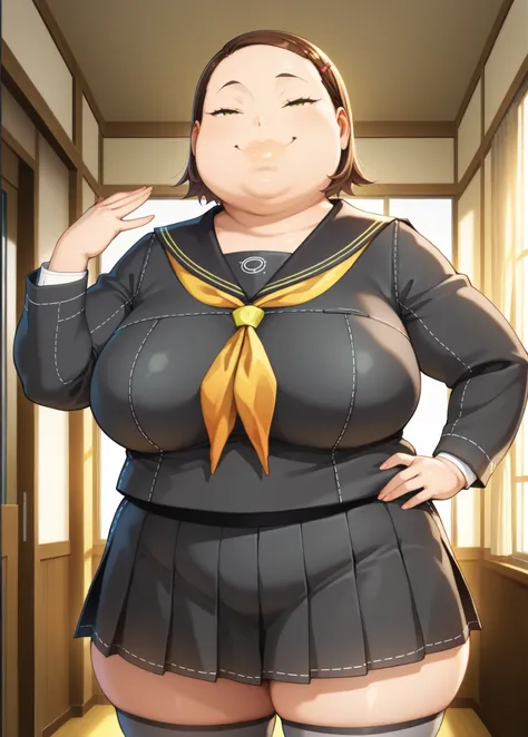 masterpiece, best quality, absurdres,  hnk_otn, hanako ohtani, 1girl, brown hair, standing, indoors, plump, fat, serafuku, yasogami school uniform, looking at viewer, thick lips, feet out of frame, cowboy shot, half-closed eyes, smug, thighhighs, official ...