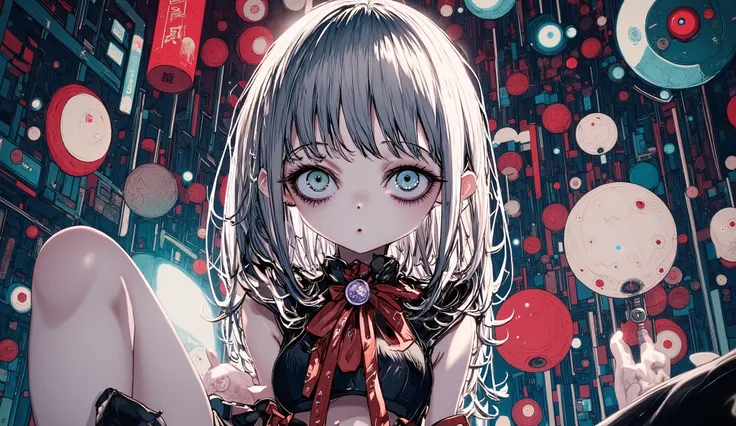 Close-up of a cursed anime doll girl with porcelain cracked skin, large glassy eyes, wearing a gothic black and red frilly dress, sitting on a music box, eerie glow, highly detailed, dramatic lighting.