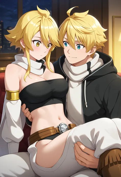 best quality, masterpiece, couple, romantic couple, male and female, Arthur Pendragon, blue eyes, black hoodie, blonde, carry Leone in his arms, his expression soft yet determined. Leone gazes up at him in awe, feeling completely safe and cherished. aaleon...