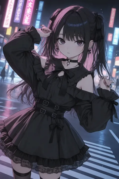 darkgothic,water color,(deformed:1.2),

Anime-style “jirai-kei” young woman at a crosswalk at night; long-exposure neon light trails in the background; shallow depth of field; dramatic lighting with scattered sparkles. Pastel-and-black palette, frilled ski...