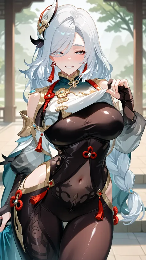 score_9,score_8_up,score_7_up,1girl, solo,blue eyes, white hair, braided ponytail,vision_\(genshin_impact\), tassel earrings, absurdres, highres, (Black body Tights suit),breast curtain, chinese knot, clothing cutout, puffy long sleeves,(White_hem),partial...