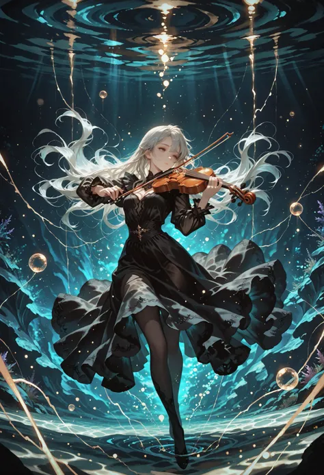 A beautiful anime girl submerged underwater, playing a violin gracefully, long silver hair floating weightlessly, wearing an elegant dark dress, surrounded by glowing bubbles and faint shining particles, mysterious deep sea atmosphere, soft light filtering...