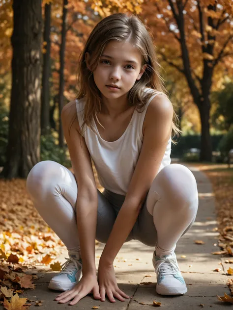 (teen girl: 2), Beautiful girl in leggings and shirt crouching, best quality, masterpiece, super realistic, 8k, detailed textures, outside in autumn park.