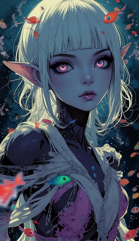 (A fusion of Ukiyo-e and dark fantasy. Aesthetic and gothic digital art. Draw a detailed face. Look away.) BREAK
(Transparent white hair. Blunt bangs. White eyebrows. Long white eyelashes. Almond-shaped eyes. Lavender-colored eyes. Thick, dark eyeliner. S...