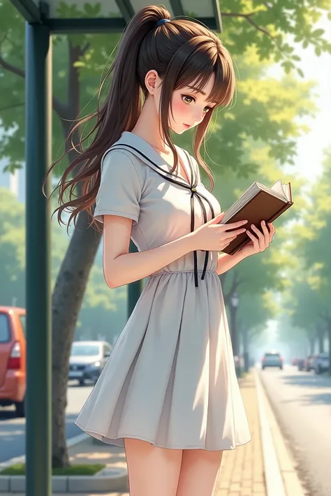 A beautiful girl is sitting at the bus stop reading a paperback book, girl wearing a beautiful white sailor mini dress has brown hair and a high ponytail、美しい白いセーラーミニワンピースを着ている