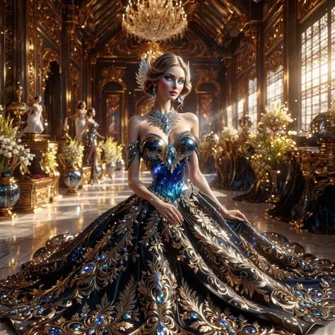 Outer Space, 3D rendering style. Beautiful blue-eyed woman with giant breasts wearing a black dress made of glass, wearing an intricate jewelry dress, a dress formed from elegant metal, tight metal dresses squeeze the body, galaxy dress, luxurious jewelry,...
