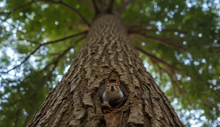 Low-angle photograph of a majestic tree, detailed bark and leaves, realistic style,  with a squirrel's head pop up in front of camera,  natural lighting, detailed tree bark, bokeh-macro,