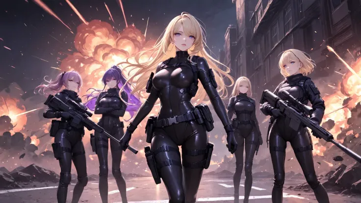 artistic, Ultra High Definition, Beautiful Sniper, Purple Manicure Bullet, Thigh Magazine Belt, Leather Bodysuit, Strap Holster, thigh high boots, blonde hair, cool expression projected at an angle, Tactical Gear , Seductive Poses, Flash of Explosion