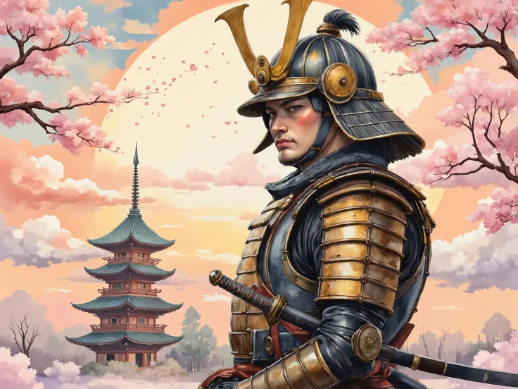 a samurai wearing traditional armor、holding a sword firmly with both hands、Standing on the right side at shoulder height、leaning forward with the body slightly angled。
Rin like a Japanese boy々 -looking face、a fearless and well-groomed face、symmetrical and ...