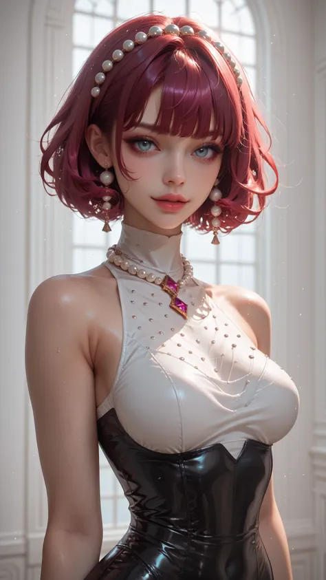 Highest Quality, masterpiece, like the picture, pearl accessory decoration, glamorous body line, sensual expression, moist bare skin, tight waist, Soft Curvy, Lustrous pearls, Studio Lighting, model pose, sexy short hair