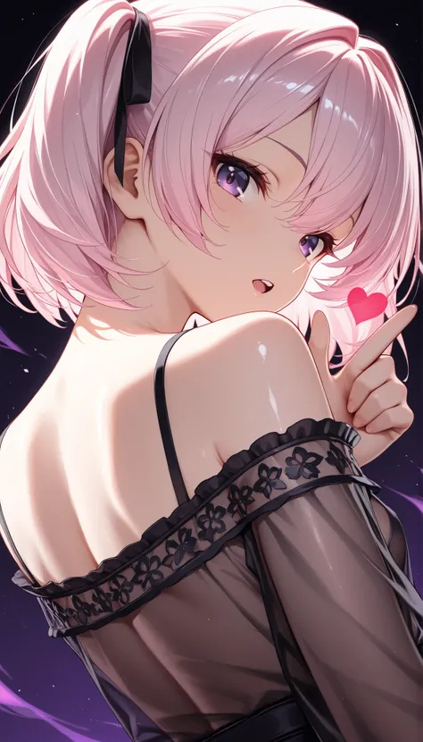 (Nape), Highly detailed, she is beautiful, ((crossed thumbs and index fingers resemble a heart)), cute girl, (front teeth, back, off-the-shoulder, small breasts), see-through clothing, (detailed dark purple eyes)), highly detailed face, (light pink short h...