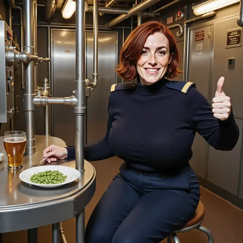 Photorealistic image of Margaret as a submarine crew member. She's sitting on a metal stool next to a stainless steel table. A small plate with peas in front of her a small glass of beer. She's giving a thumbs up to the camera. She's wearing a dark blue ca...