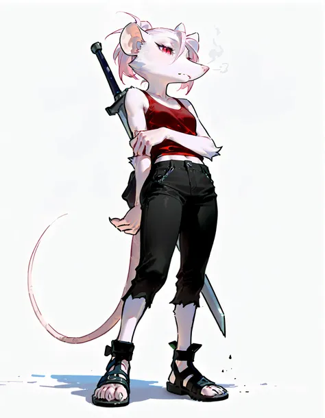 (((masterpiece))), (((Best Quality))), ((Ultra-detailed)), (anime Illustration), ((extremely delicate and beautiful)),solo, Full body, fantasy albino wererat girl, Fluffy Fur, furry, short pale pink hair, red eyes, rat head, rat ear, rat tail, ((ragged red...