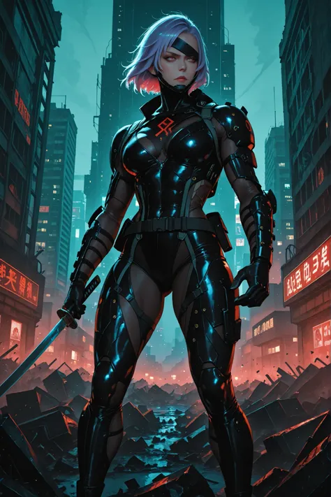 Raiden MGRR, Ninja character from the game Metal Gear, ninja poderoso, photorealistic detailed serious expression, olhos penetrantes, postura imponente,  black clothing with red details , katana afiada, dark scenery, destroyed city in the background, luzes...